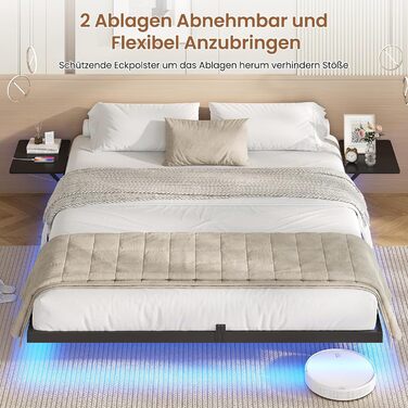 Каркас ліжка AOGLLATI 180x200, Металеве ліжко зі світлодіодним освітленням та зарядною станцією, Плаваючий каркас ліжка з полицями для зберігання, Металеве ліжко з рейковою основою, Двоспальне ліжко, Чорний (матрац не входить до комплекту), 180 x 200 см, 