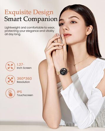 Жіночий смарт-годинник, 1,27-дюймовий HD фітнес-годинник з функцією телефону, відстеження менструального циклу, понад 120 спортивних режимів, 24-годинний монітор серцевого ритму, 24-годинний монітор SpO2, монітор сну, калорії, фітнес-трекер, IP68, сумісни
