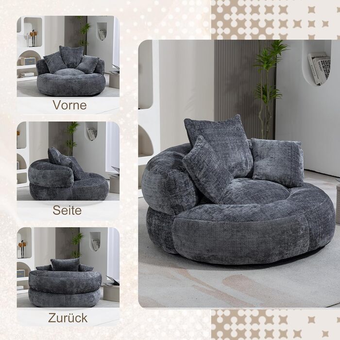 Міцний комфортний шезлонг Lazy Sofa з високою спинкою, крісло-мішок з трьома подушками для дорослих та дітей, для дому та вулиці (сірий)