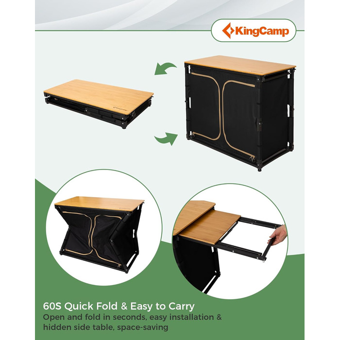Складана кемпінгова кухня KingCamp з раковиною, бамбукова кемпінгова шафа, складна вулична кухня з місцем для зберігання, вітровим склом та тримачем для лампи, міцна алюмінієва рама, дорожня кухня, кемпінгові меблі для пікніків-барбекю, кемпінгова шафа з 