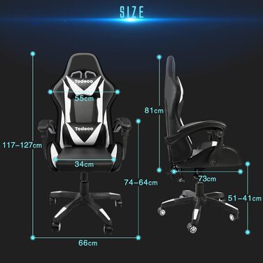 Ігрове крісло Todeco, масажне з підсвічуванням, світлодіодне гоночне крісло, ігрове крісло, ергономічне офісне крісло, регульована спинка, регульована висота, поворотне крісло з підголівником та поперековою подушкою, біле