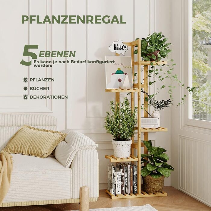 Підставка для рослин Bamworld, підставка для квітів, бамбукова полиця для рослин, кімнатна полиця для квітів, невелика металева підставка для квітів для тераси, саду, балкона, вітальні, спальні (5 рівнів), 5 рівнів з бамбука