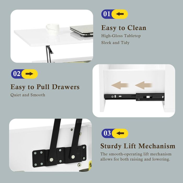 Журнальний столик з регульованою висотою, глянцевий стіл для вітальні зі світлодіодним підсвічуванням, відкритою полицею для демонстрації та 2 шухлядами, сучасний, 85 x 50 x 45 см, білий