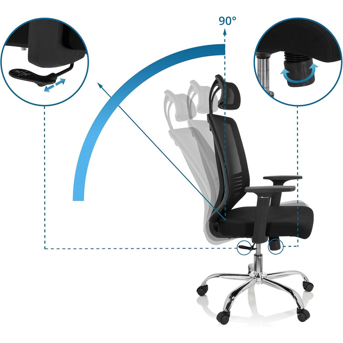 Офісний стілець ZH 200 Обертовий стілець з ергономічною спинкою, регульованим підголівником, тканина/сітка чорного кольору, 719221