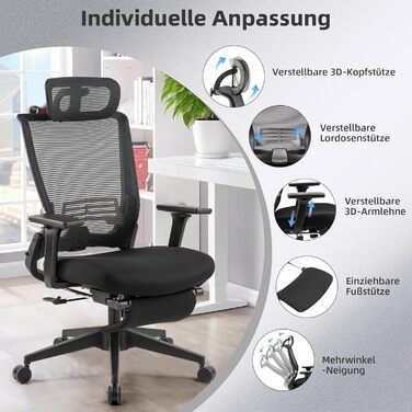 Складане офісне крісло з підставкою для ніг, ергономічне робоче крісло з поперековою опорою та підголівником, крісло для керівників з сітчастою підкладкою, вантажопідйомність 150 кг, для компактної роботи вдома, чорний колір