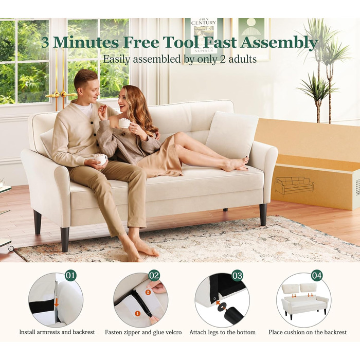 Невеликий 3-місний диван, 175 см. Зручний маленький диван для кімнати підлітка, швидке складання за 3 хвилини без інструментів, сучасний маленький диван для квартири або офісу, бежевий, 175 см.