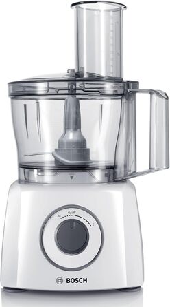 Компактний кухонний комбайн Bosch MultiTalent 3 MCM3200W 30 функцій, універсальний ніж, насадки для нарізки та тертя, збивальний диск, чаша 2,3 л, блендер 1,0 л, 800 Вт, білий