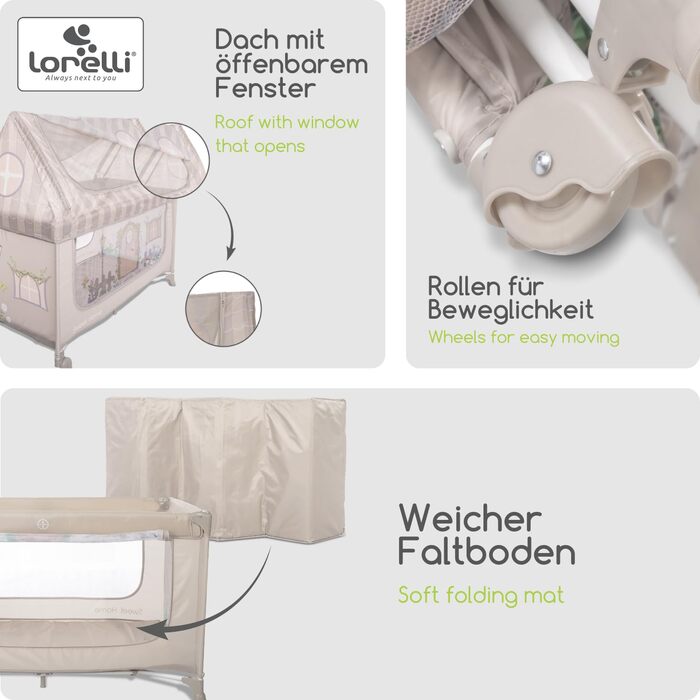 Дитяче ліжечко Lorelli з балдахіном та колесами, 2 в 1 дитяче ліжечко та манеж Sweet Home, ліжечко від народження до 15 кг, бічний вхід, складне, включаючи сумку для перенесення, бежевий