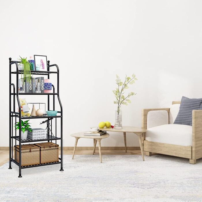 Рівнева металева полиця для квітів, окремостояча книжкова полиця, кухонні полиці, міцні полиці, підходить для вітальні, балкону, саду (55x28x133 см) (чорна) Чорний 55x28x133 см, 5-