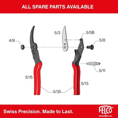 Міцні садові ножиці FELCO 5 для великих правшів, діаметр різання 25 мм, довжина 225 мм, вузька ріжуча головка для важкодоступних місць, сталеві ручки, чисте та потужне різання