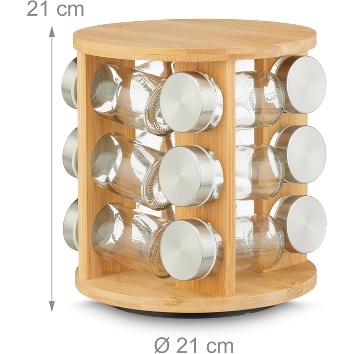 Карусель для спецій Relaxdays, 12 банок для спецій, підставка для спецій, що обертається на 360, ВxГ 21 x 21 см, бамбук, полиця для спецій, натуральний колір