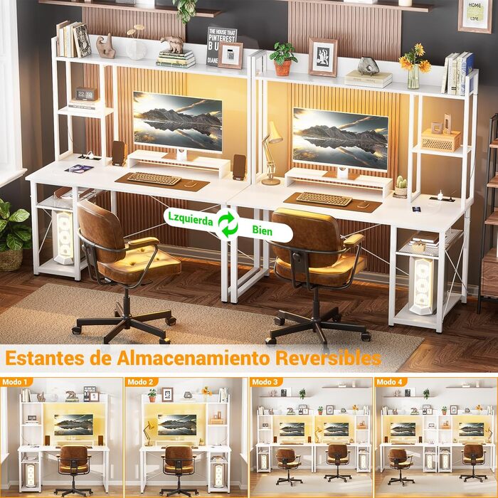 Ігровий стіл з полицею, комп&39ютерний стіл 47 дюймів зі світлодіодним підсвічуванням та розетками, стіл для домашнього офісу з двосторонніми 5-ярусними відділеннями для зберігання та підставкою для монітора, білий 120 см