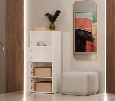 Комод CDF, шафа, висока шафа з 4 дверцятами та полицями - ІДЕАЛЬНО ДЛЯ ВІТАЛЬНІ - КОМПАКТНИЙ ТА СУЧАСНИЙ СТІЙКИЙ ТА УНІВЕРСАЛЬНИЙ Білий