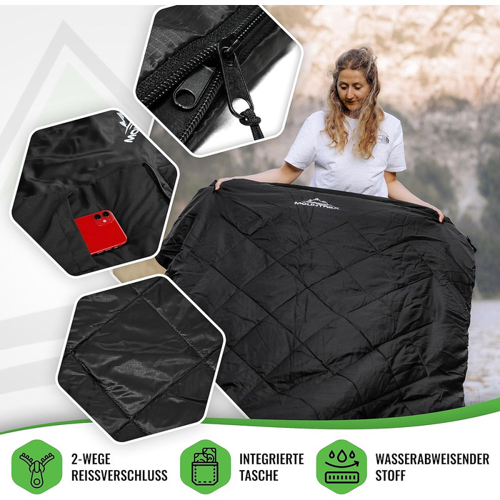 Подвійний спальний мішок MOUNTREX - Літній спальний мішок для 2 осіб (210 x 150 см), Спальний мішок-ковдра - XXL Літній спальний мішок з 2 подушками для дорослих - Кемпінг, на природі та в приміщенні, чорний