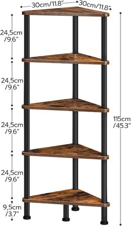 Кутова полиця HOOBRO з 5 ярусами, промислова кутова полиця, книжкова полиця на місці, кутова книжкова полиця для демонстрації рослин та квітів, полиця для зберігання для невеликих приміщень, вінтажний коричневий EBF33CJ01 рустикальний коричневий/чорний 30