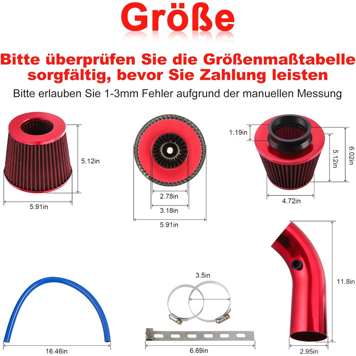 Універсальний спортивний повітряний фільтр CarBole Повітряне охолодження автомобіля Комплект повітрозабірних фільтрів Універсальна система впуску повітря з вуглецевого волокна зі шлангом червоним