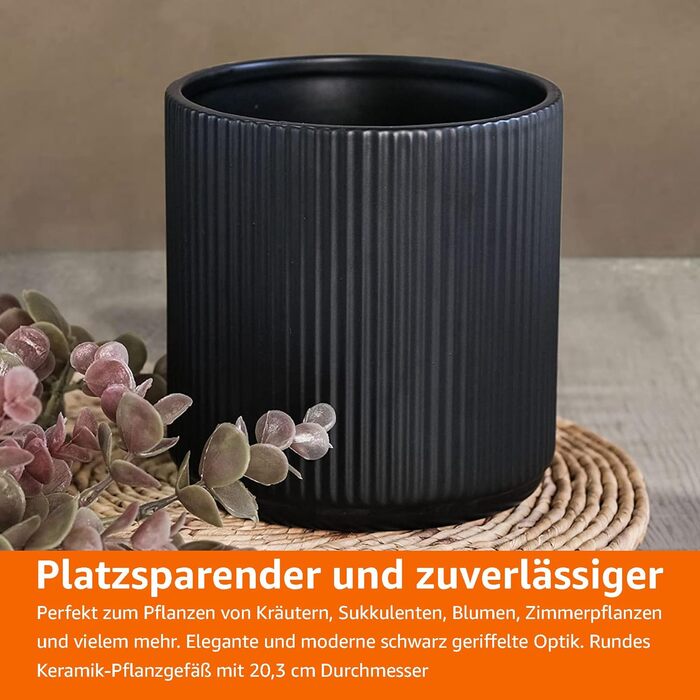 Круглий керамічний горщик для рослин Storeo Basics з ребристим покриттям, 20,3 см, чорний, одинарний (20,3 см) чорний