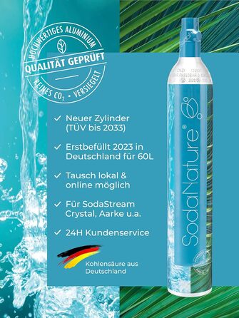Преміальний 60-літровий циліндр CO2 для SodaStream (крім QC), Aarke тощо Нові та вперше заповнені в Німеччині Природна вугільна кислота на 60 літрів 10 років TV 425 г