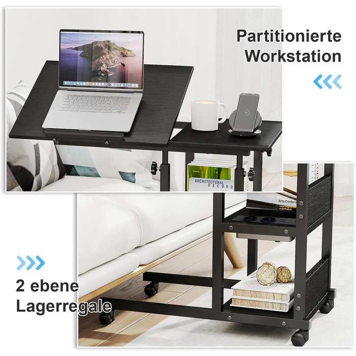 Приставний столик Hadulcet, С-подібний приставний столик з колесами, регульована стільниця, журнальний столик з розеткою, регульований по висоті диванний столик, столик для ноутбука для вітальні та спальні, чорний