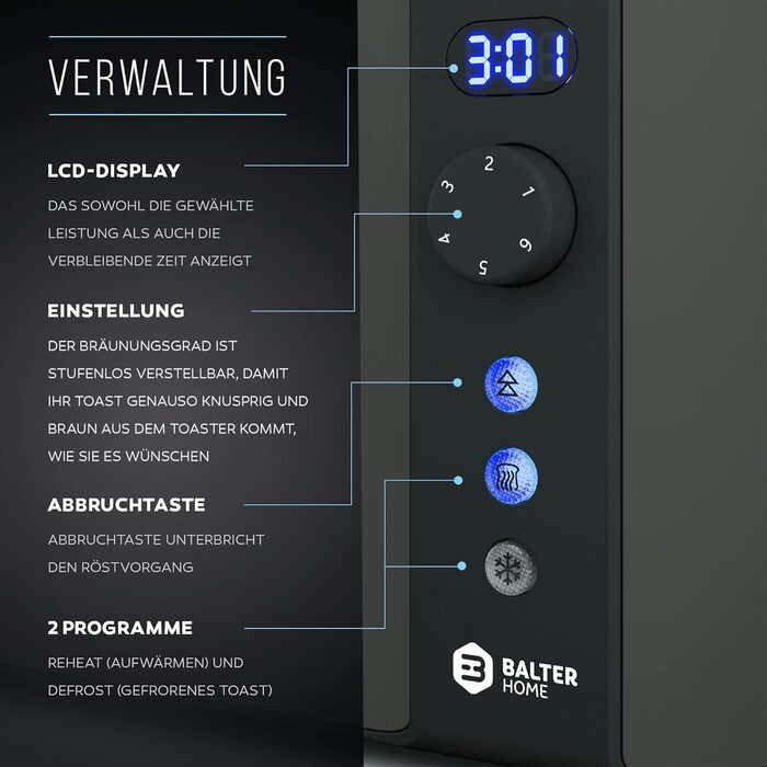 Тостер Balter на 4 скибочки, довгий лоток, нержавіюча сталь, насадка для хліба, РК-дисплей з індикатором часу, що залишився, функц