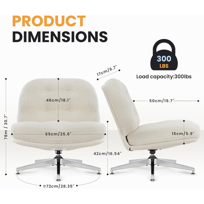 Офісне крісло IWMH без підлокітників, крісло для вітальні зі схрещеними ніжками, ергономічне поворотне крісло з надзвичайно великою тканинною подушкою, письмове крісло для домашнього офісу, туалетний столик, спальня (біле)