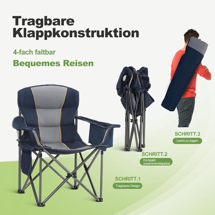 Крісло для кемпінгу LET&39S CAMP, складне крісло, велике рибальське крісло з тримачами для напоїв, сумка-холодильник, вуличне крісло, витримує до 200 кг, синє