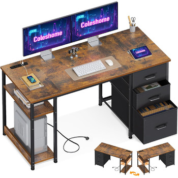 Письмовий стіл Coleshome з тканинними шухлядами, 130x48 см, комп&39ютерний стіл з 2 розетками та 2 портами USB для зарядки, ПК-стіл з полицею, двосторонній офісний стіл для офісу, вітальня, коричневий, 130x48x75,7 см