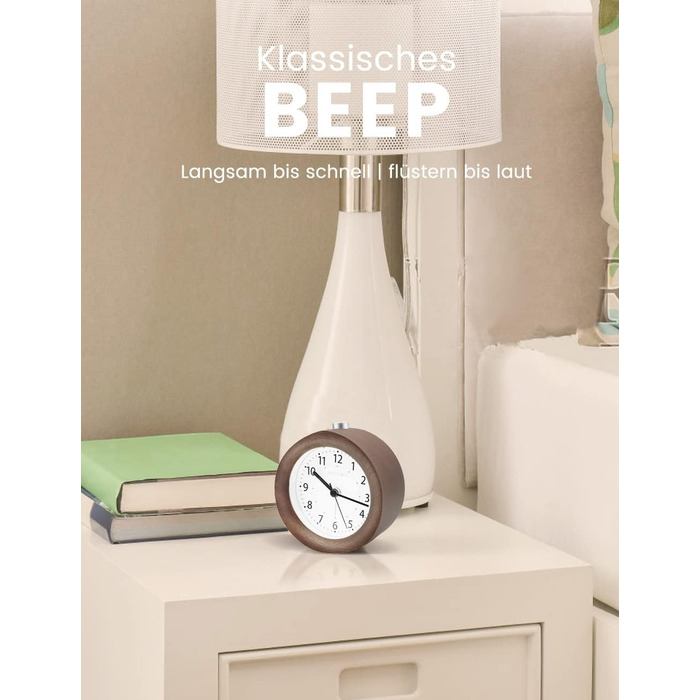 ВищеГодинник будильник аналоговий без цокання, будильник дерев'яний з дрімотою, тумбочка-годинник з нічником, ретро-будильник аналоговий на батарейках (потрібна батарея 1*AA - натуральне дерево світло-коричневого кольору (круглий, коричневий)