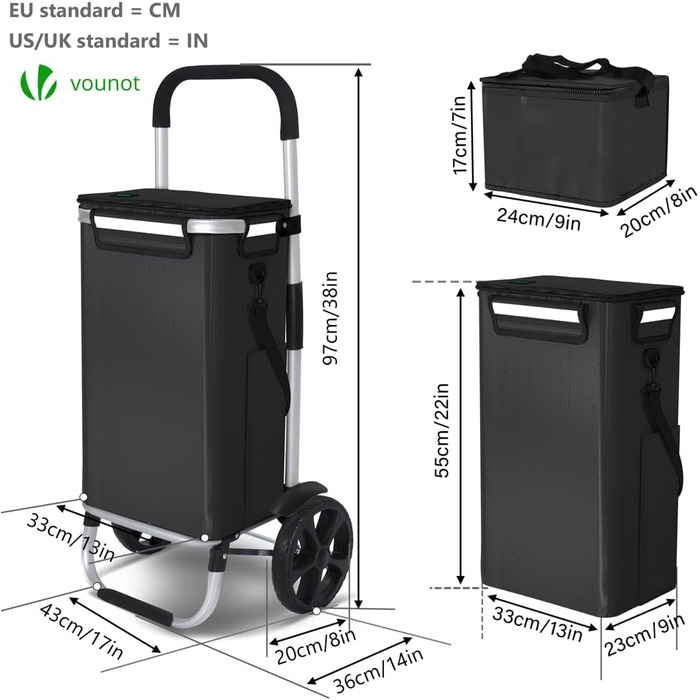 Алюмінієвий складаний візок для покупок 58л з водонепроникною сумкою та термо-відсіком, 2 великих колеса з брудозахисними крилами, складаний візок-драбина, чорний 58л