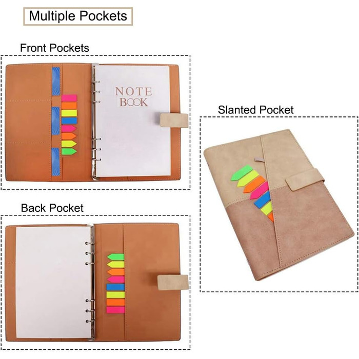 Багаторазовий блокнот A5, бізнес-органайзер з підкладкою та тримачем для ручки 80 аркушів / 160 сторінок, 6 кільцевих палітурок Щоденник для чоловіків Жінки Мандрівники Студенти, бежевий