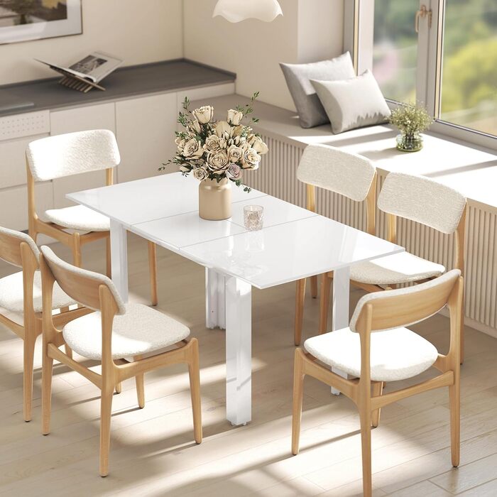 Розсувний обідній стіл HOMCOM 120-160 x 80 см Кухонний стіл для 4-6 осіб Сучасний обідній стіл для кухні, їдальні, білий глянець