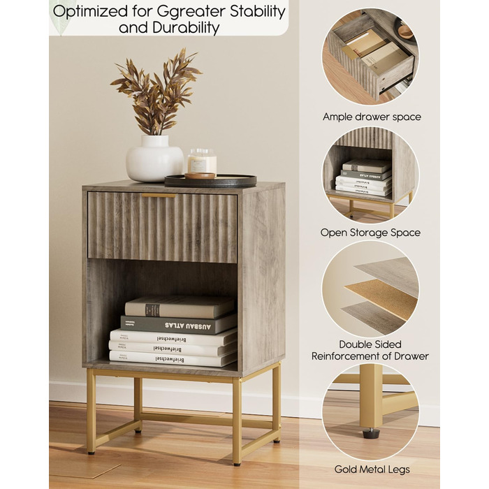 Тумбочка з шухлядою, бічний столик шириною 40 см з великим відділенням, сучасна тумбочка для спальні, вітальні або офісу (40 x 30 x 60 см, сіре заливне покриття) 40 x 30 x 60 см Сіре заливне покриття