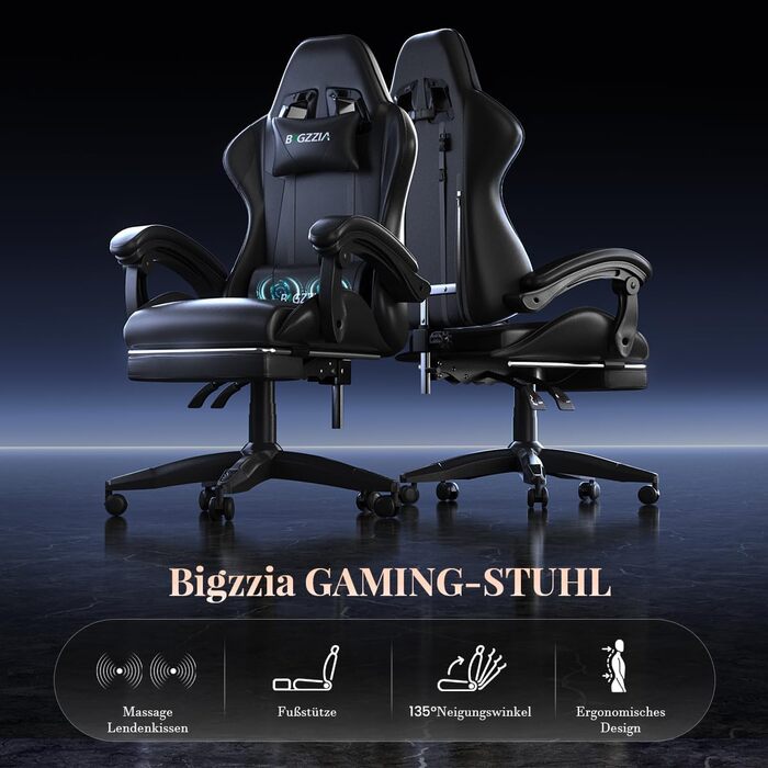 Ігрове крісло bigzzia з функцією масажу та підставкою для ніг, ергономічне ігрове крісло, регульована спинка 90-135, ігрове крісло з масажною поперековою подушкою та підголівником, ігрове крісло, чорне