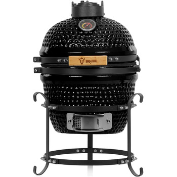 Вугільний гриль Haiiro Ø 32 см з термометром, дерев'яна ручка чорний керамічний гриль Kamado, міні-гриль на вугіллі, міні-гриль ка