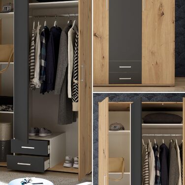 Шафа MARBURG кольору Імітація дуба ремісника, колір Графіт - Універсальна 3-дверна шафа для вашої спальні - 120 x 196 x 54 см (Ш/В/Г) 3-дверна, колір Дуб ремісника / колір Графіт