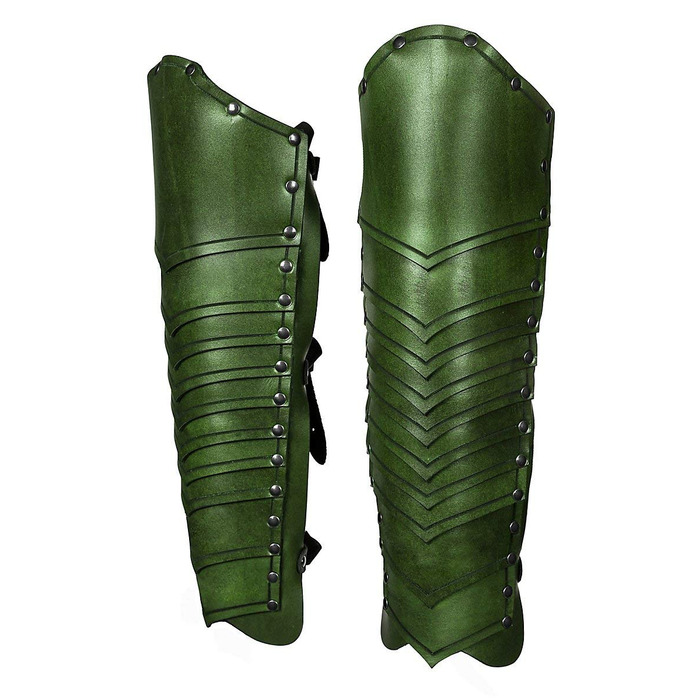 Андракор - Лускаті Наголенники - Надзвичайно міцні шкіряні обладунки - LARP Середньовічні вікінги та реконструкція - Зелені, один розмір