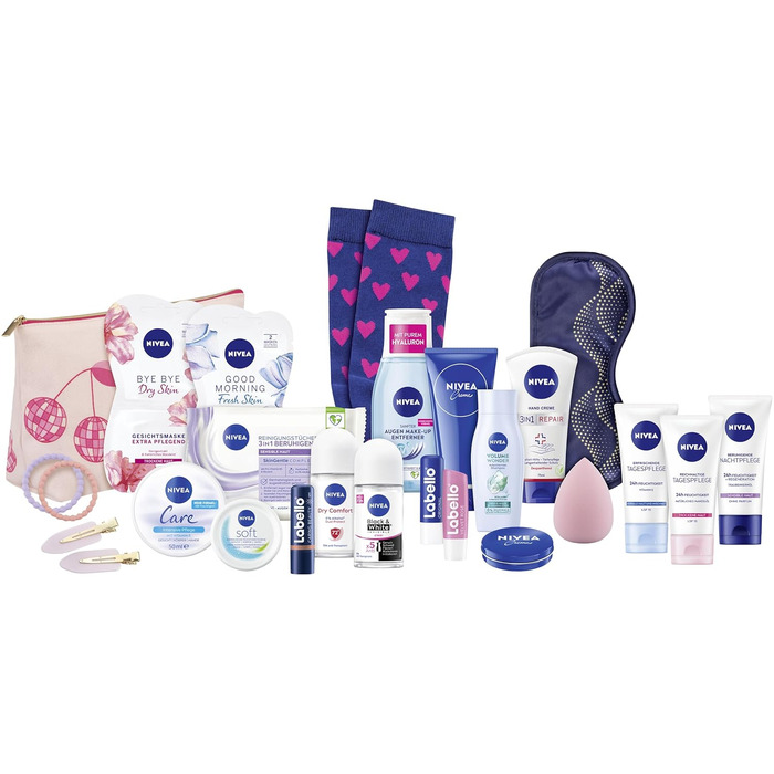 Різдвяний календар NIVEA 2025 24 дверцята з приємними сюрпризами, різдвяний календар із засобами догляду, набір засобів догляду на період Різдва, продукти NIVEA та Labello