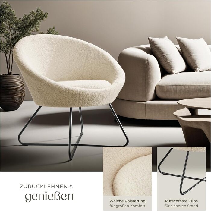 Кругле коктейльне крісло tectake з букле, крісло Тіффані, крісло для читання, безперервна спинка, крісло для вітальні, скандинавське крісло для годування, крісло-реклайнер, крісло для відпочинку - Boucl Off-White