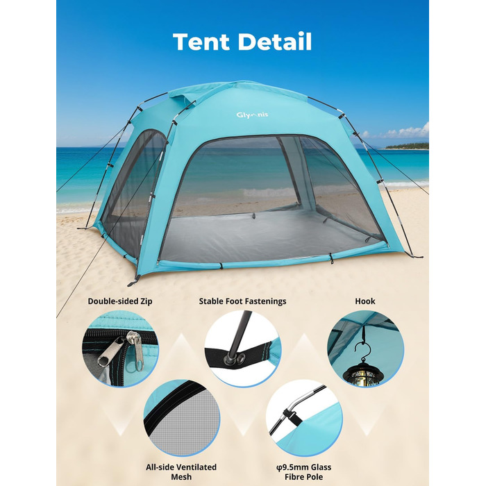 Пляжний намет Glymnis Beach Shelter з 4 дверима на блискавці та сітчастими дверима, захист від ультрафіолету UPF50, вітронепроникний, невеликий розмір у упаковці, пляжний намет для 3-4 осіб, синій