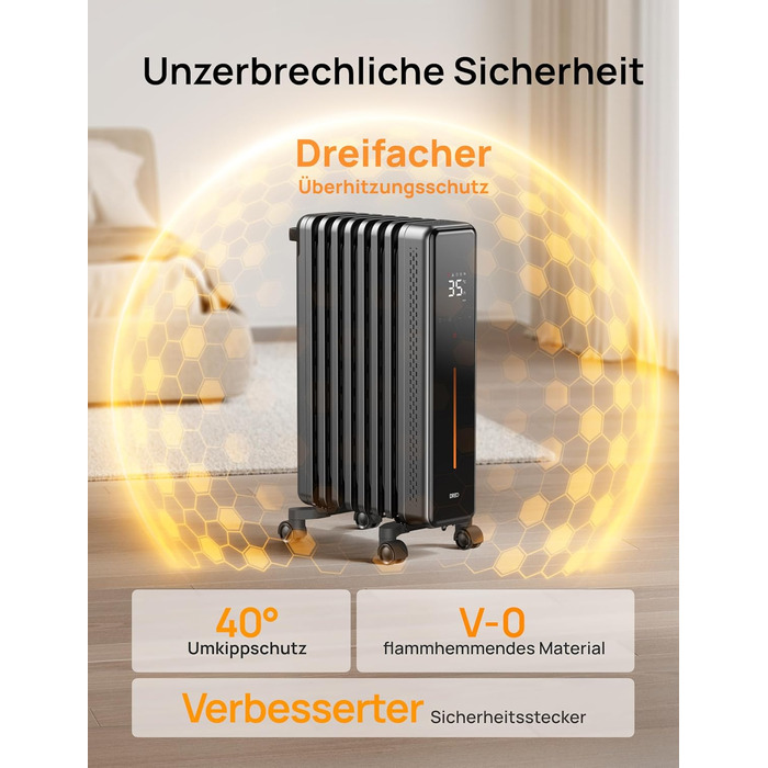 Енергозберігаючий масляний радіатор Dreo, електричний обігрівач потужністю 2000 Вт з 9 ребрами, 3 налаштування нагріву, 4 режими, 24-годинний таймер, захист від перегріву та перекидання, тихий електричний радіатор з термостатом, OH521