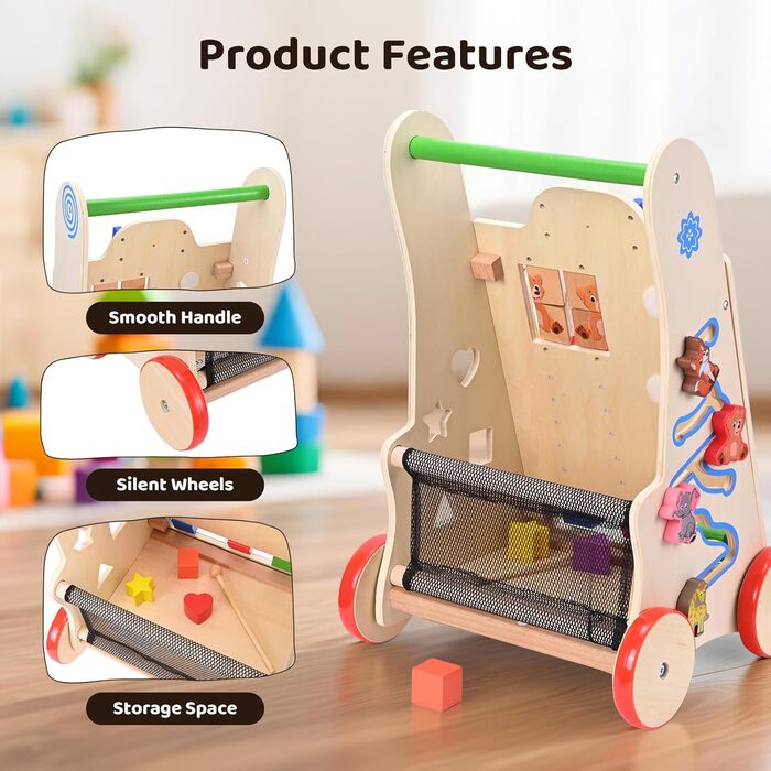 Дерев&39яні ходунки для дітей 8-в-1 з колесами та будівельними блоками, багатофункціональна іграшка-подарунок для малюків від 10 місяців до 1-2 років, кольору дерева