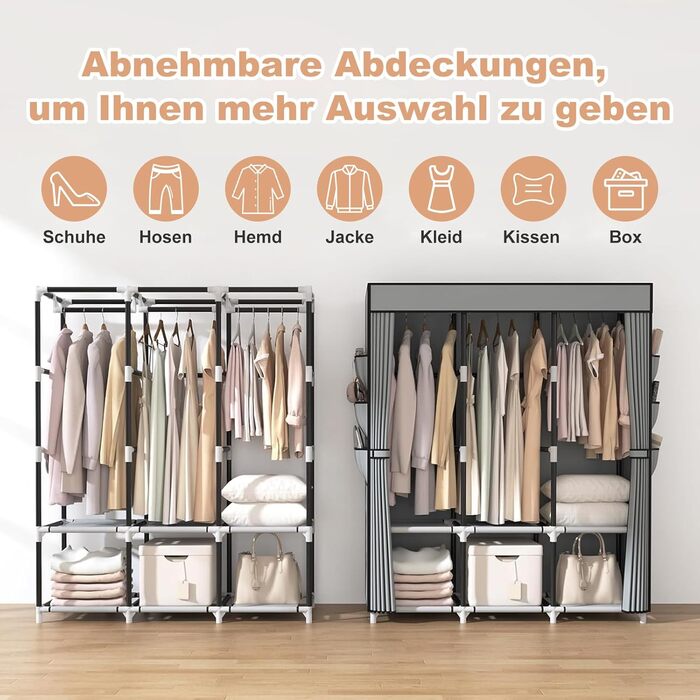 Шафа, тканинна шафа, тканинні шафи з кришкою, складна шафа з 3 рейками для одягу, міцна, складна шафа з металевою трубою діаметром 19 мм для спальні, сіра