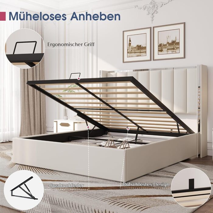 М&39яке ліжко з ящиком для зберігання речей, узголів&39ям заввишки 115 см, місцем для зберігання речей, функцією підйому та хромованим дизайном, каркас з масиву дерева оксамит (кремово-білий, 140 x 200 см) 140 x 200 см Бежевий
