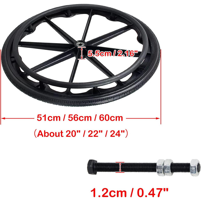 Заміна для задніх коліс інвалідного візка, 2 шт. и, 20 дюймів, 22 дюйми, 24 дюйми, колесо для інвалідного візка, суцільні поліуретанові шини для інвалідних візків, з підшипниками, ручкою та різьбовим валом/22 дюйми (56 см)*13/8