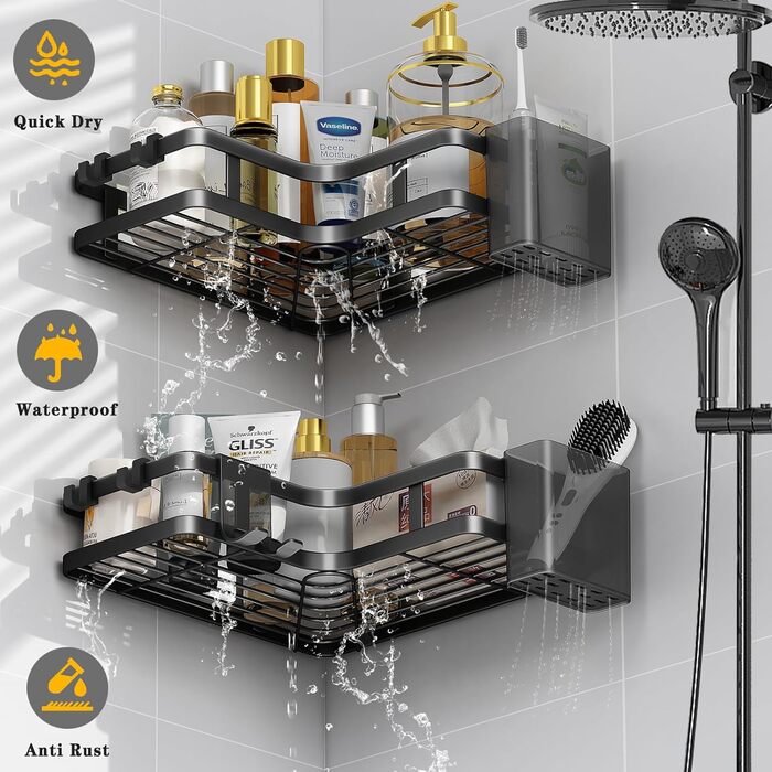 Кутова полиця для душу без свердління, 2 шт., чорна. Органайзер для ванної кімнати з 4 гачками, полиці для душу, аксесуари для душу, тримач для шампуню у ванну кімнату.