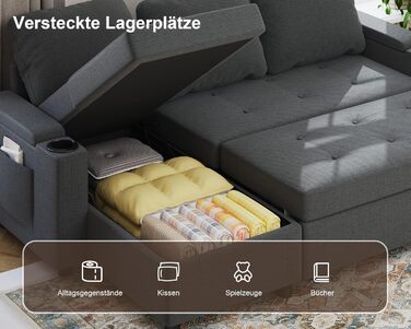 Кутовий диван Devoko зі сном та ящиком для зберігання речей, L-подібний диван, 3-місний розкладний диван-ліжко, лляна кушетка, невеликий розкладний диван для квартири та вітальні, темно-сірий, 200 см - L темно-сірий