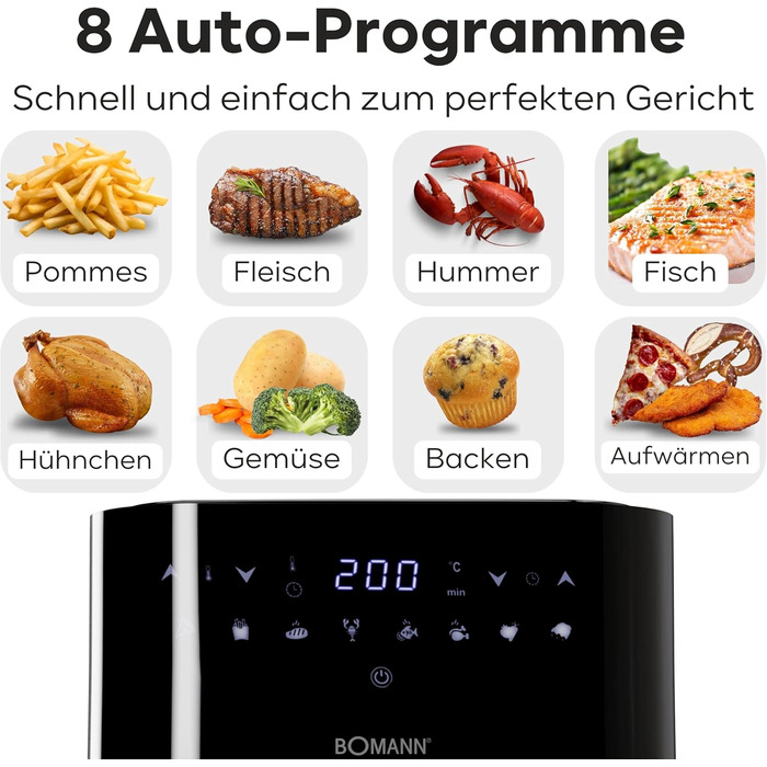Фритюрниця Bomann XXL - фритюрниця 5 л Гаряче повітря для знежиреного смаження Мультипіч з нержавіючої сталі з цифровим сенсорним екраном Потік повітря на 360 Фритюрниця з 8 програмами FR 6069 H CB Чорний/Нержавіюча сталь *Модель 2024*