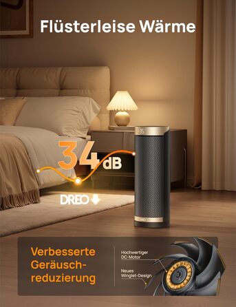 Енергозберігаючий вентилятор-обігрівач Dreo, керамічний PTC нагрівач, тихий, коливальний електричний обігрівач 70 з пультом дистанційного керування, 12-годинний таймер, 3 режими, 3 швидкості, захист від перегріву та перекидання, Solaris Slim H3 Standard G