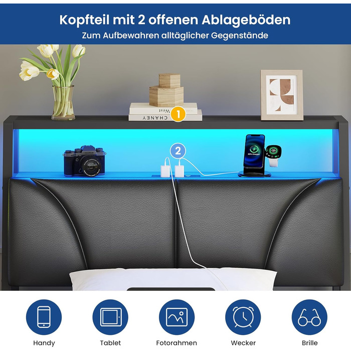 Ліжко 90x200 см з металевою рейковою основою, каркас ліжка 90x200 см зі світлодіодним підсвічуванням, дитяче ліжко 90x200 см з узголів&39ям та зарядною станцією (2 розетки змінного струму, 2 порти USB), металеве односпальне ліжко, чорне, 90x200 см