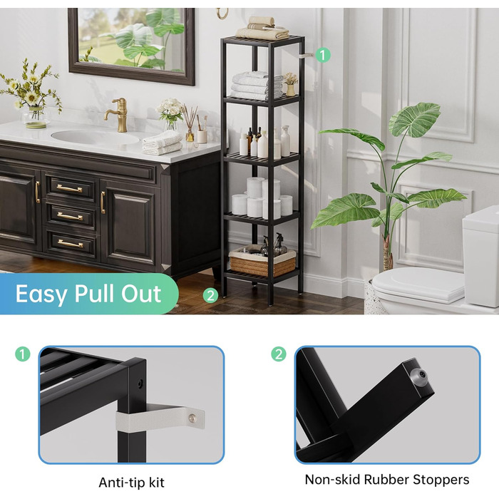 Полиця для зберігання у ванній кімнаті, 5 рівнів, бамбукова полиця, органайзер, багатофункціональна полиця для вітальні, спальні, кухні (чорна) 5 рівнів чорного кольору